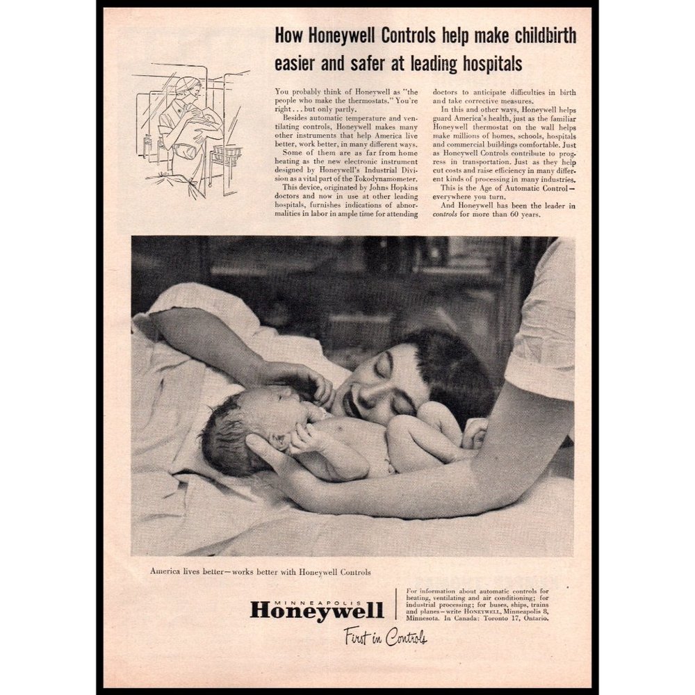 1951 Honeywell Controls Vintage Print Ad Newborn Baby Hospital Nursery Wall Art